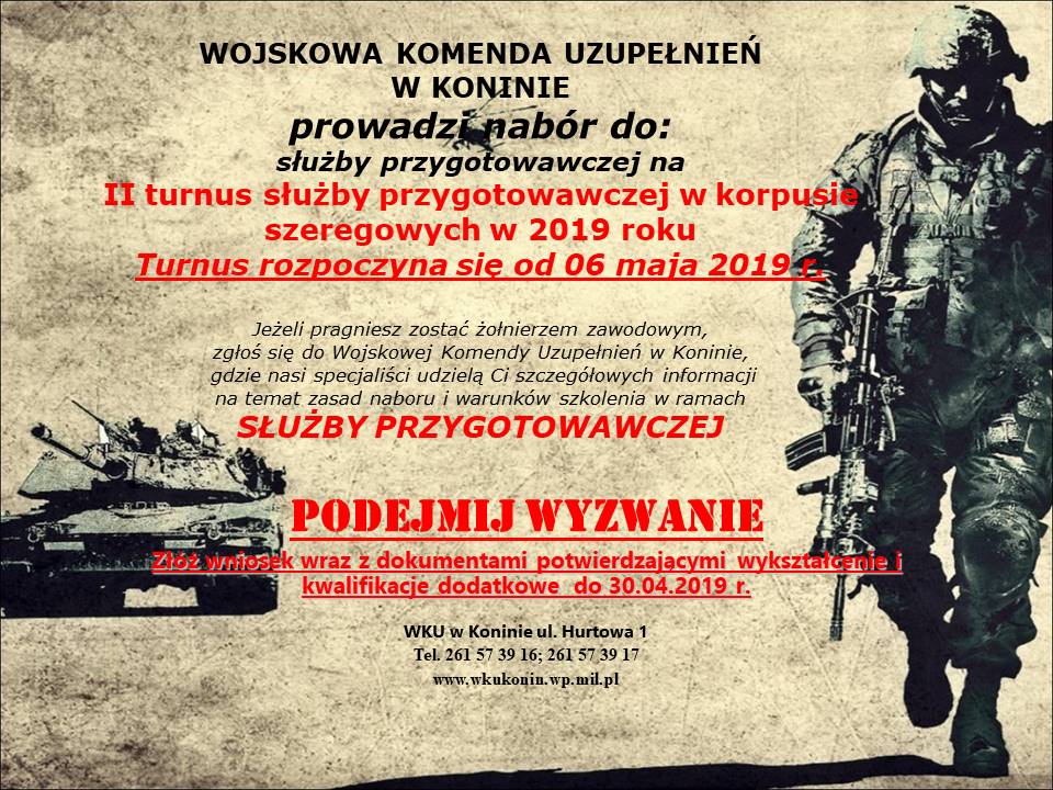 Plakat WKU. Nabór na 2 turnus służby przygotowawczej w korpusie szeregowych w 2019 r.